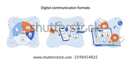 Digital communications formats. Chat messages smartphone, Sms on mobile phone screen, computer application. Chatting, messaging using chat app or social network. Persons cellphone metaphor