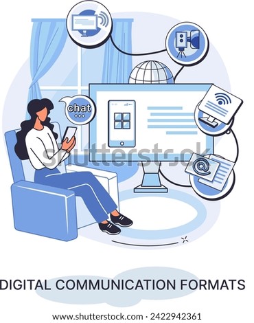 Digital communications formats. Chat messages smartphone, Sms on mobile phone screen, computer application. Woman chatting, messaging using chat app or social network. Persons cellphone conversation