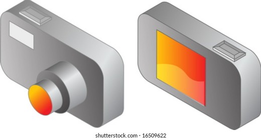 Digital compact camera illustration, 3d isometric style, front and back view