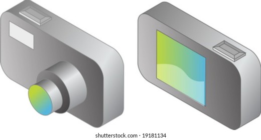Digital compact camera illustration, 3d isometric style, front and back view