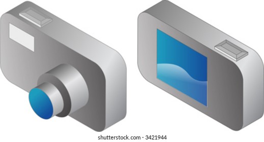 Digital compact camera illustration, 3d isometric style, front and back view