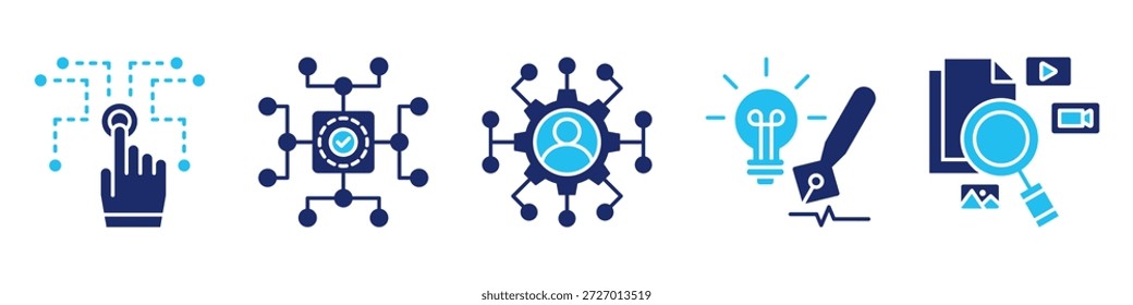 colección de conjunto de iconos de competencia digital, para concepto de aprendizaje moderno con iconos, habilidades digitales, digitales, habilidades, creativas, alfabetización mediática. Glifo de Vector simple Ilustración de duotono