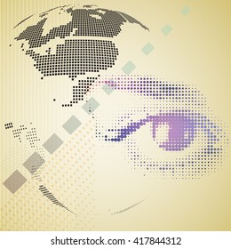 Digital composite of halftone human eye and abstract technology background. Vector illustration.
