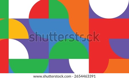 Digital composition of abstract semicircles and bold blocks in red, blue, purple, orange, and green with high color contrast.