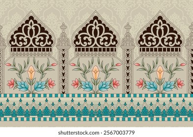 Digital compositions border with bold Mughal paisley motifs for vibrant ethnic fashion, wallpapers, and gift wraps.