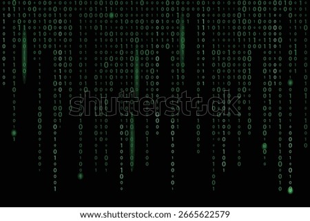 Digital computer code coding and hacking vector illustration with a green matrix background stream of binary code dropping numbers over a dark backdrop