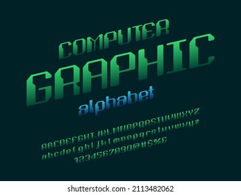 Digital computer style font with uppercase, lowercase, numbers and symbol