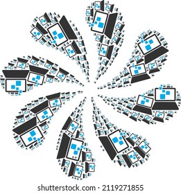 Digital computing icon curl burst turbine fireworks shape. Turbine cyclone done from random digital computing symbols.