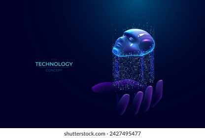 Digital concept of the artificial intelligence system. Futuristic robot face with falling digits over open hand. Cyber AI brain in neon tech style. Woman humanoid face. Technology vector illustration.