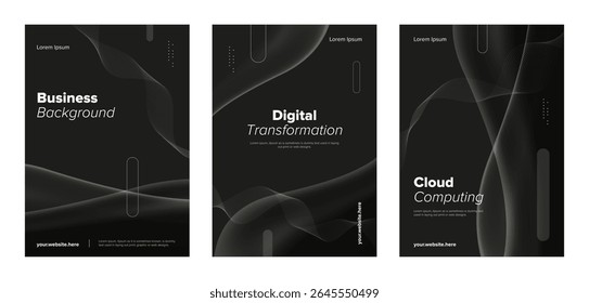 Digital concept poster set. Black modern technology business vector template with wave and line background.