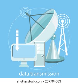 Digital concept satellite dish transmission data. Wireless icon for wifi remote control access and radio communication. Concept flat design style. For web banners, marketing and promotional materials