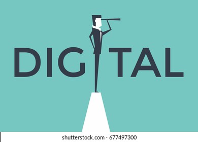 Digital Concept Vector Illustration With Business Man Looking Through Telescope From A Cliff.