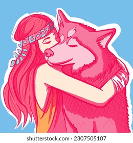 Digital conceptual art about friendship and companionship. Vector of a hippie woman with long bracelet hugging her siberian husky.