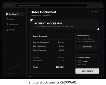 Uma tela de confirmação digital mostra uma mensagem de pagamento bem-sucedido de uma transação recente. A tela exibe os detalhes do resumo da ordem juntamente com as informações de entrega.