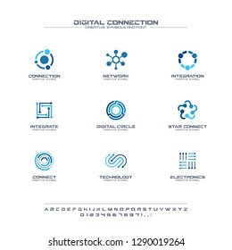 Digital connect creative symbols set, font concept. Social media network abstract business logo. Internet technology, communication icon. Corporate identity alphabet, logotype, company graphic design
