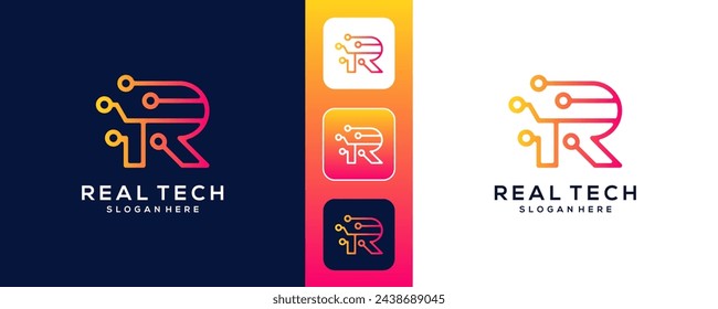 Digital connection letter R logo design template