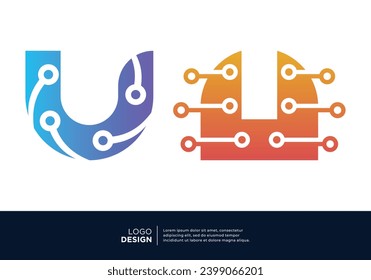 Digital connection letter U logo design collection.