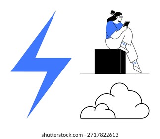 Digital connection, online communication, technology, modern lifestyle, creative design, cloud computing. A person using a device, a blue lightning bolt and a cloud shape. Digital connection