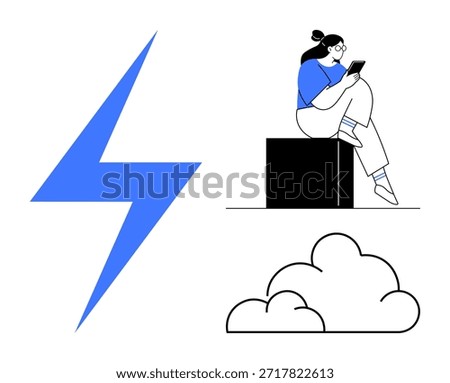 Digital connection, online communication, technology, modern lifestyle, creative design, cloud computing. A person using a device, a blue lightning bolt and a cloud shape. Digital connection