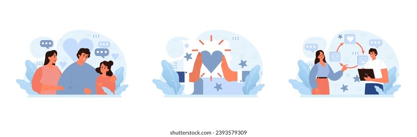 Digital connection set. Families sharing joy, hand capturing happiness, online emotion exchange. Expressive reactions, cherished moments, virtual bond. Flat vector illustration
