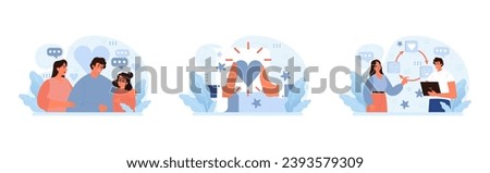 Digital connection set. Families sharing joy, hand capturing happiness, online emotion exchange. Expressive reactions, cherished moments, virtual bond. Flat vector illustration