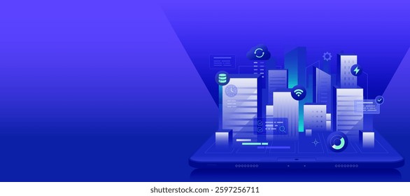 Digital Construction Building Automation banner, Concept of smart construction iot technology of buildings as an application on tablet