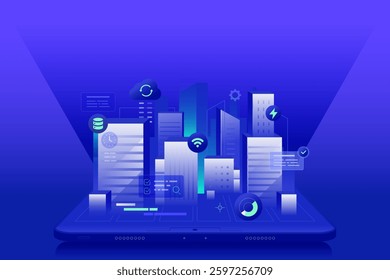 Digital Construction Building Automation illustration, Concept of smart construction iot technology of buildings as an application on tablet
