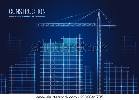 Digital construction site. Building project, 3D Printing, Modular Construction, Modeling, Industrial background, Architecture planning. Database development abstract concept. Vector illustration