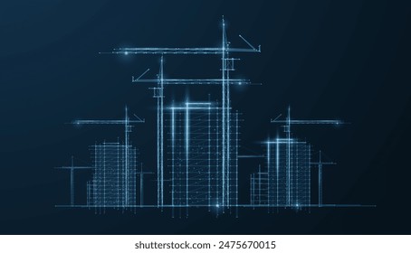 Digitale Baustellenskizze. 3D-Druck bauen, Gebäudeinformationsmodellierung, Industrie und Gewerbe-Hintergrund, Bauprojekt, Architekten-Paket, Städtebau, Urbane Entwicklung, Modulares Baukonzept.