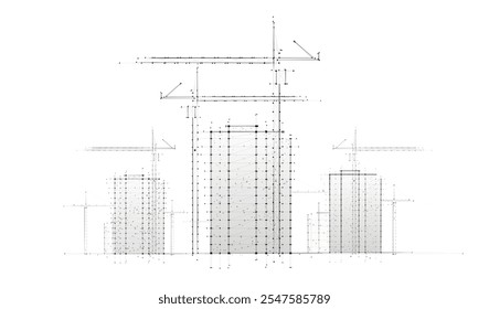 Digitale Baustellenskizze. Bauen 3D-Druck, Bauinformations-Modellierung, Industrieller Hintergrund, Bauprojekt, Architektenplan, Stadtplanung, Stadtentwicklung, Modulares Baukonzept.