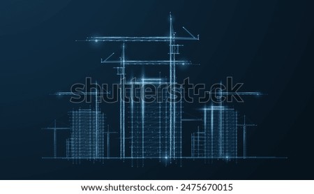 Digital construction site sketch. Building 3D Printing, Building Information Modeling, Industrial background, Build project, Architect plan, City work, Urban development, Modular Construction concept.