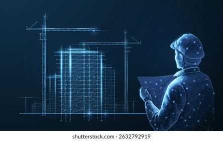 Digital construction site sketch with excavator. Building 3D Printing, Building Information Modeling, heavy machine, industrial machinery, Urban development, Modular Construction concept.