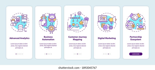 Digital consulting components onboarding mobile app page screen with concepts. Advanced analytics, automation walkthrough 5 steps graphic instructions. UI vector template with RGB color illustrations