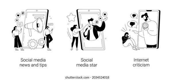 Digital content abstract concept vector illustration set. Social media news and tips, influencer, internet criticism, personal blog, hate speech, comments and share, fake profile abstract metaphor.