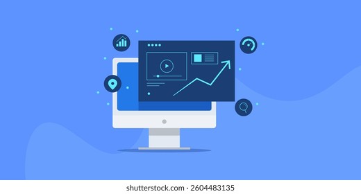 Digital content analytics software, Data analysis for digital marketing, Content performance monitoring, Increasing engagement - vector illustration with icons