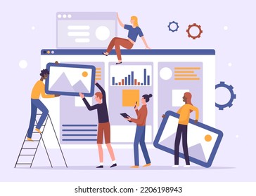 Digital content building process, marketing and programming website interface. Cartoon builders create homepage, software interface online flat vector illustration. Project, technology concept