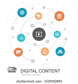digital content colored circle concept with simple icons. Contains such elements as vector image, media, video, social