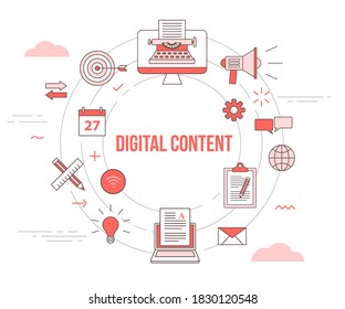 concepto de contenido digital con banner de plantilla de conjunto de iconos con estilo de color naranja moderno y forma de círculo
