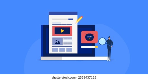 Digital content creation, AI creating content, Prompt generating media, AI generative tool - vector illustration background with characters and icons