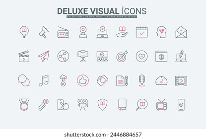 Digital content creation and development thin black and red line icons set vector illustration. Outline marketing campaign symbols, storytelling and music, viral video making, SEO. 3D Illustration