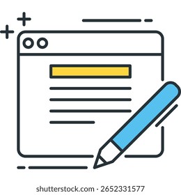 Ícone de criação de conteúdo digital com caneta azul e realce amarelo