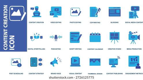 Conjunto de ícones de criação de conteúdo digital com símbolos de linha plana azul para marketing de mídia social, produção de vídeo, blogs, podcasts e gráficos de estratégia criativa.