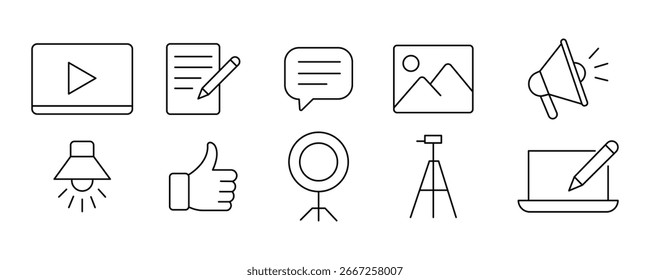 Ícone de linha de criação de conteúdo digital definir ilustração vetorial, vídeo, reproduzir, botão, documento, lápis, escrever, mensagem, bolha, ícone de linha de fala