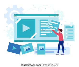 Digital content creation and management concept. Man adding information on website. Internet publication, publishing data online. Flat cartoon vector illustration