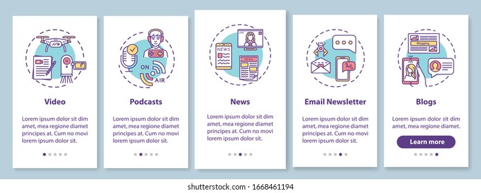 Digital content creation onboarding mobile app page screen with concepts. Blogging and podcasting walkthrough 5 steps graphic instructions. UI vector template with RGB color illustrations