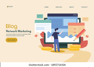 Digital content creator, Guest blogging, Blog marketing network, Social media sharing, blog post publication - conceptual vector landing page illustration