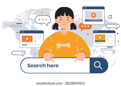 Digital content creator using search interface with video platform elements illustrating online media discovery search engine optimization web technology communication and modern internet marketing concepts.