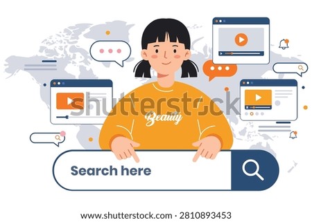Digital content creator using search interface with video platform elements illustrating online media discovery search engine optimization web technology communication and modern internet marketing concepts.