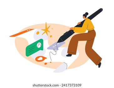 El creador de contenido digital trabaja con medios sociales, redes. Marketing en línea, concepto de comunicación SMM. Mujer creativa creando ideas. Ilustración vectorial plana aislada en fondo blanco