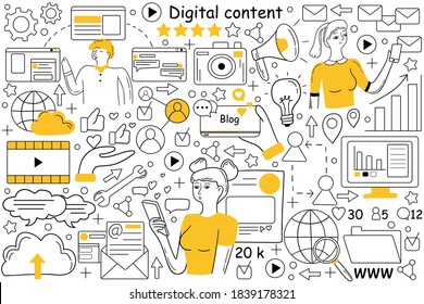 Digital content doodle set. Collection of hand drawn sketches patterns of people creating promote interactive products for engaged audiences and value for customers. Visual marketing technologies.